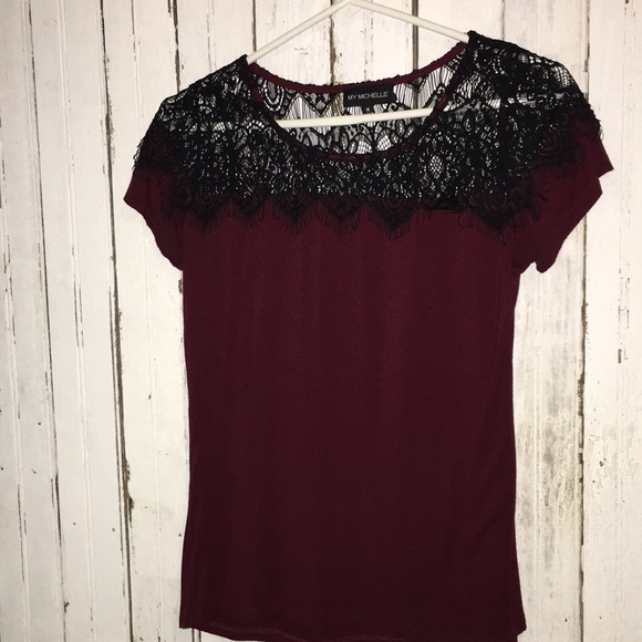 My Michelle Tops - Pretty black lace neckline blouse wine stretch